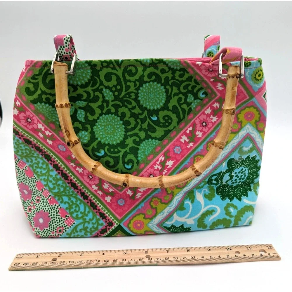 B's Designer Purse -Colorful Patchwork Fabric Bag w/ Bamboo Handles NWT-USA Made